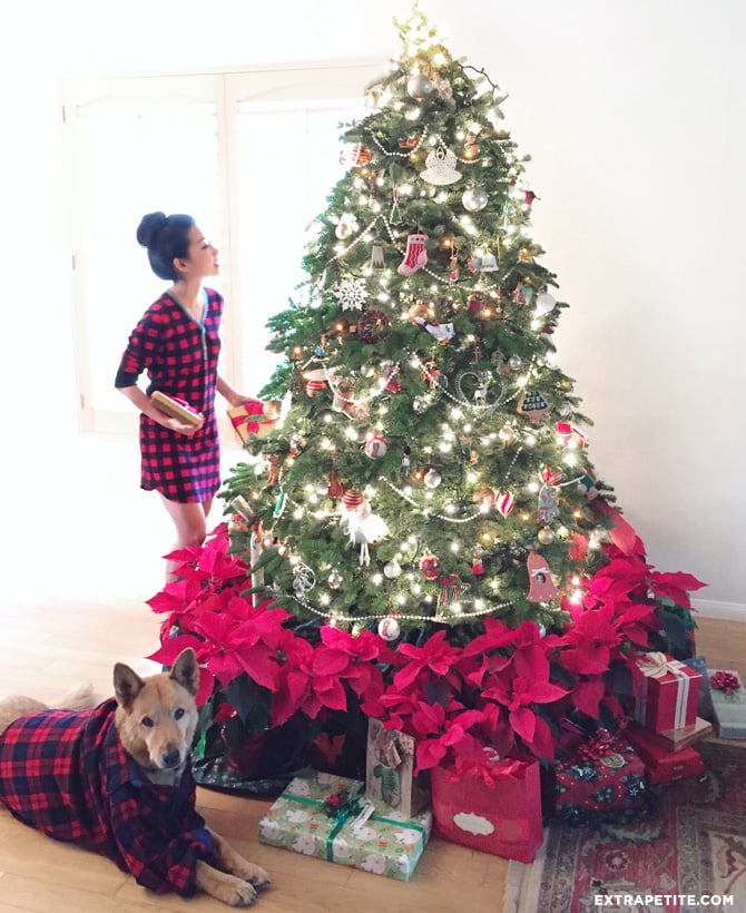 pointsettias plaid PJs under the christmas tree
