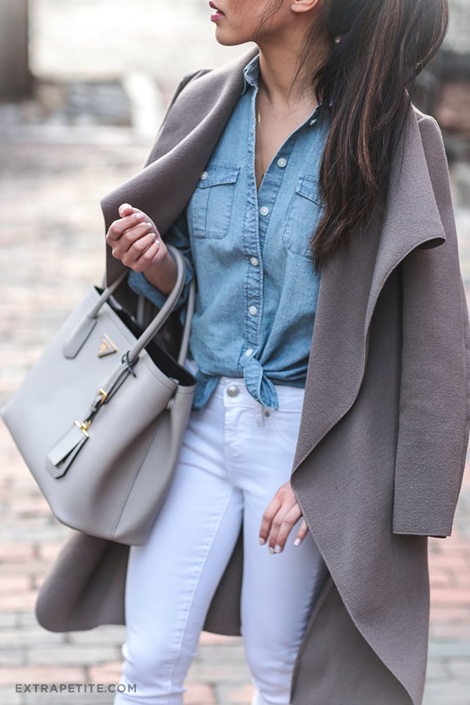 white gray chambray shirt prada saffiano cuir bag outfit