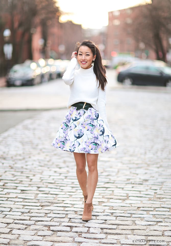 cream sweater floral dress skirt ankle booties spring outfit