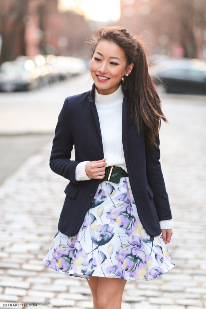 spring fashion floral skirt navy blazer outfit