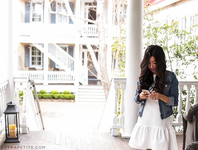 white dress denim jacket spring outfit