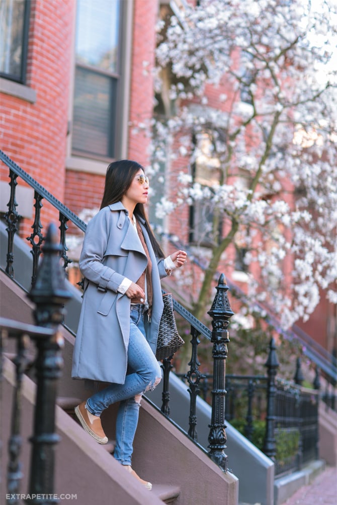 gray trench jacket soludos leather espadrilles spring outfit