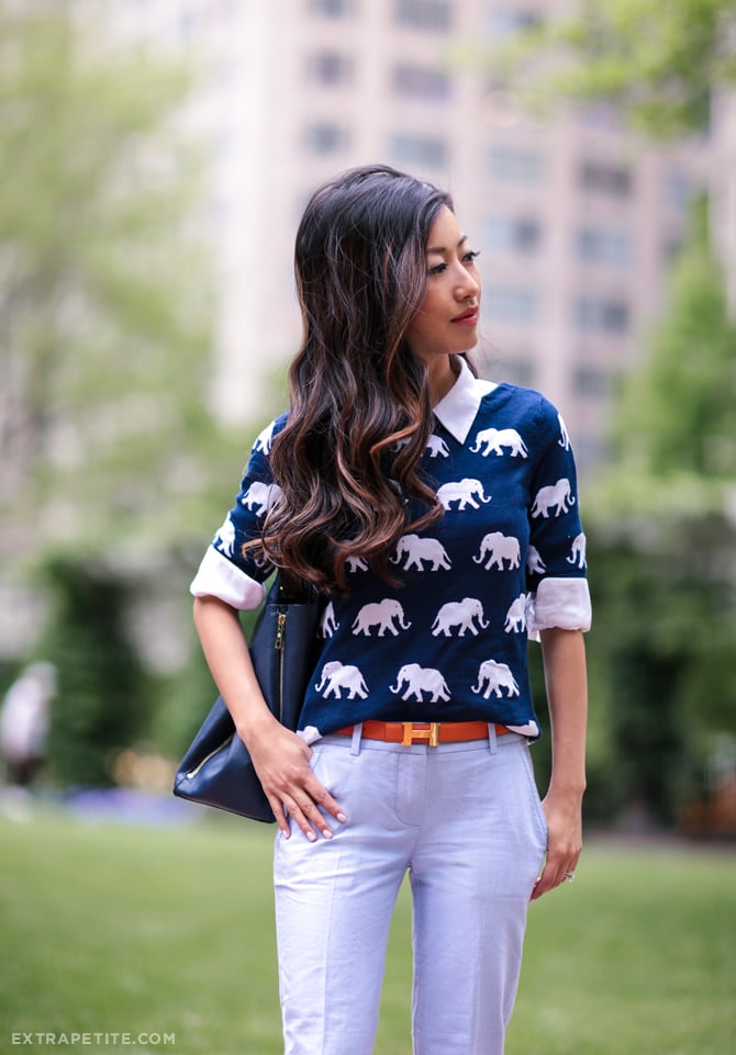 talbots elephant print jcrew petite pants work outfit