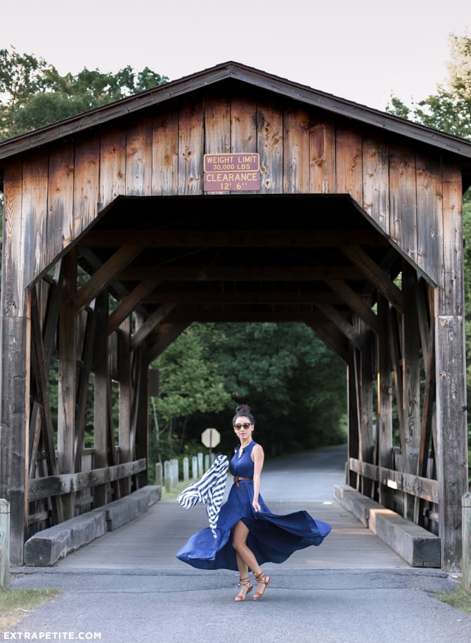 banana republic petites maxi dress_upstate new york town park covered bridge