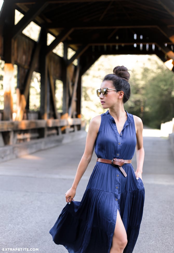 navy blue maxi dress topknot bun summer casual outfit