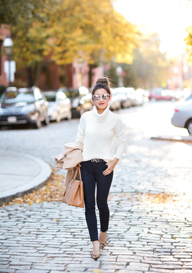 navy pants cream turtleneck sweater office outfit fall