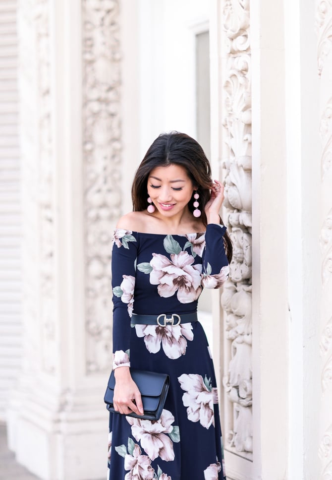 nordstrom floral midi off shoulder bardot dress extra petite