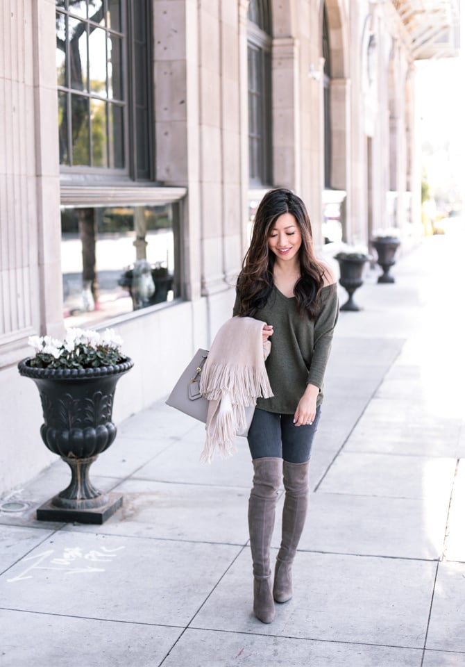 tunic shirt over the knee boots outfit petite fashion blog