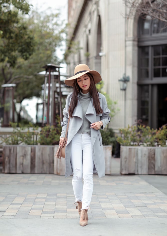 gray trench coat white skinny jeans petite outfit