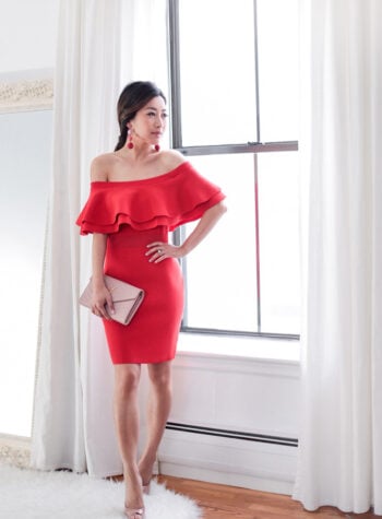 what to wear to a wedding red cocktail dress nude pumps