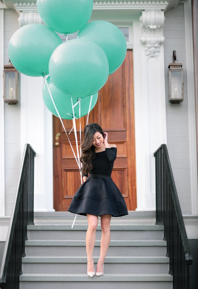 little black dress mint green balloons