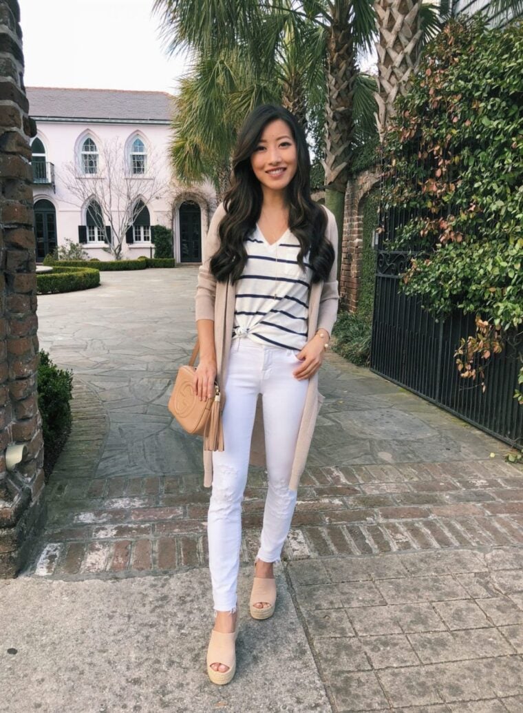 casual spring outfit white jeans striped tee