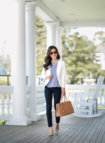 navy pants professional work outfit ideas petite fashion blog