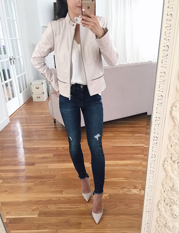 blush pink stylish leather jacket petite fall outfits