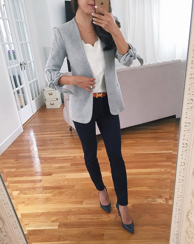 knit grey blazer navy pants work office wear