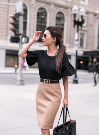 black petite top hermes belt pencil skirt dressy fall outfit