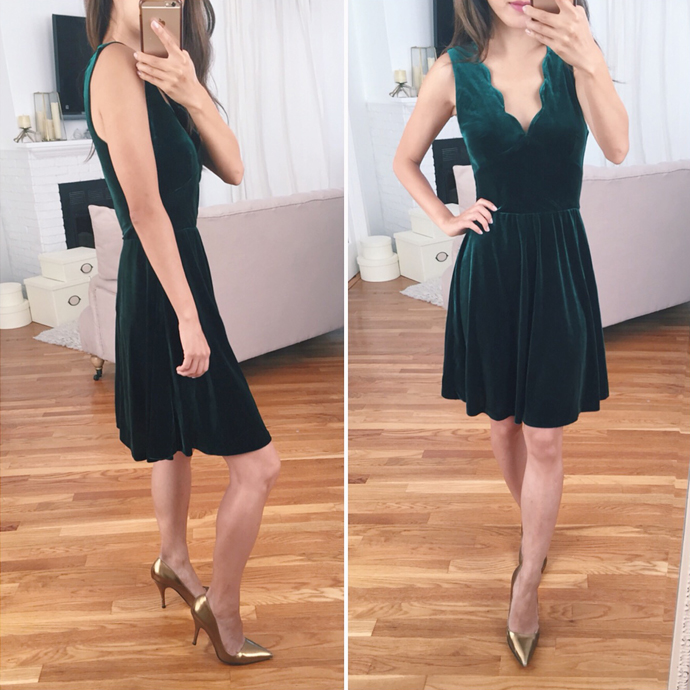 holiday christmas cocktail party fit flare green dress