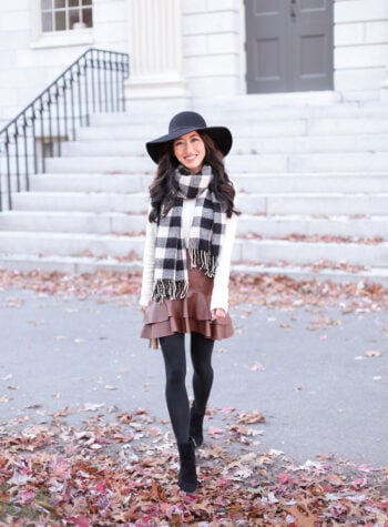 leather skirt buffalo check scarf cute winter outfit ideas