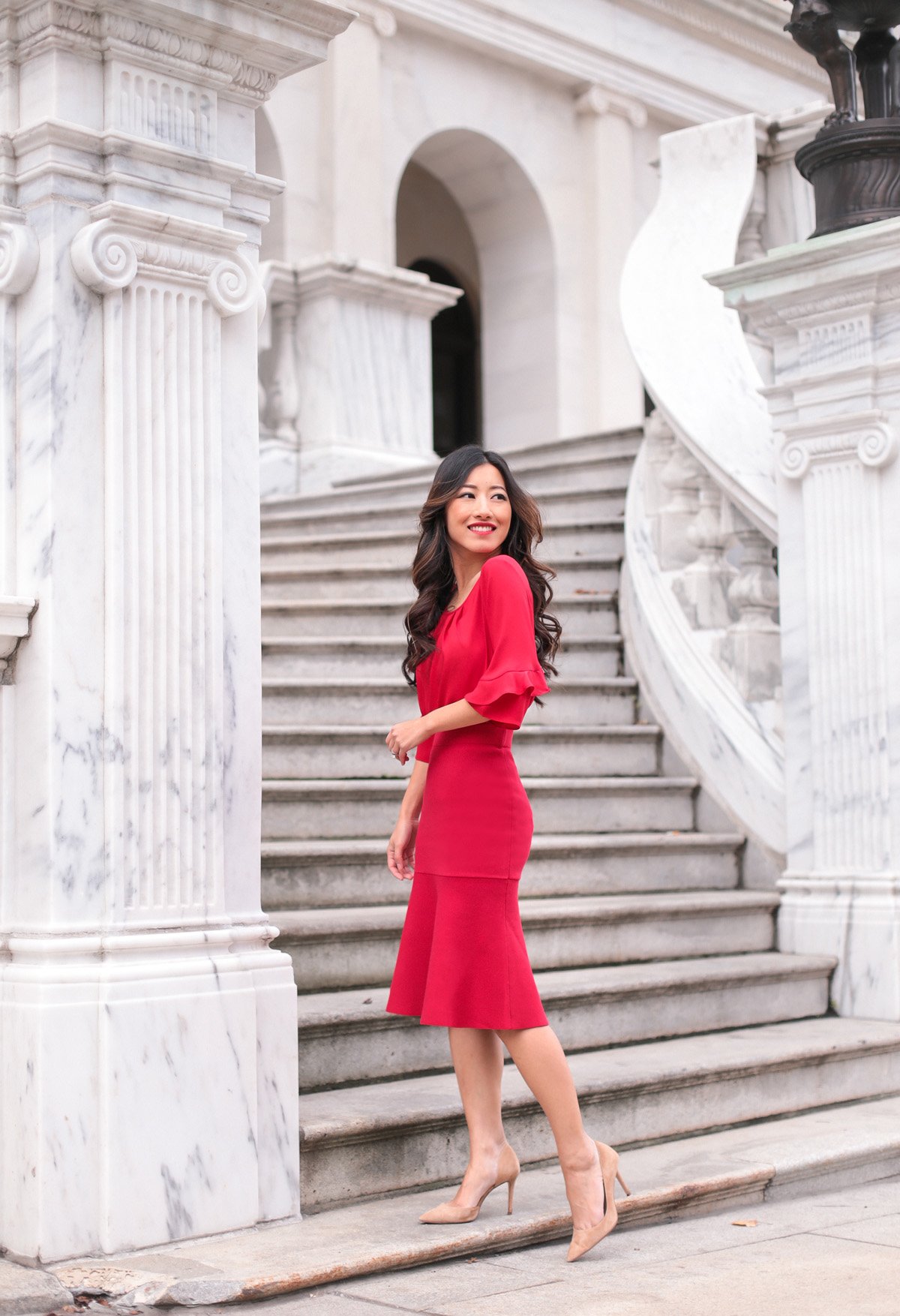 christmas photos outfit red dress petite style blog