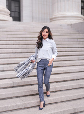 plaid pants pearl sweatshirt outfit petite fashion blog