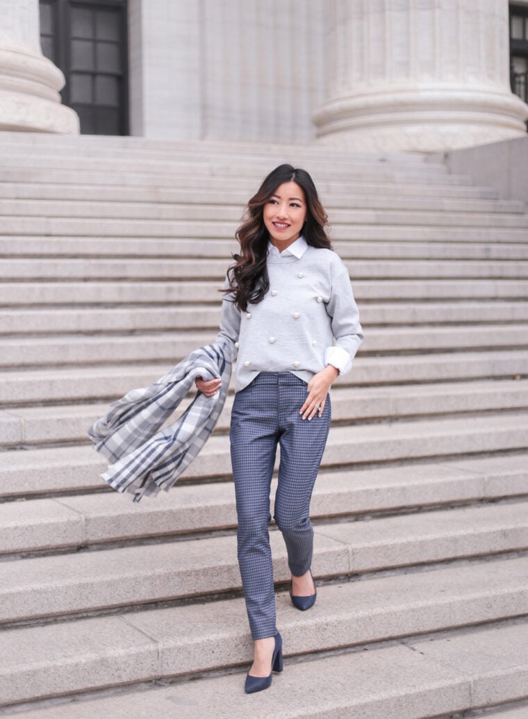 plaid pants pearl sweatshirt outfit petite fashion blog