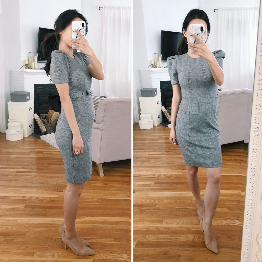 strong shoulder pencil dress work outfit