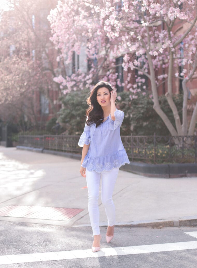 white jeans spring outfit petite fashion maternity