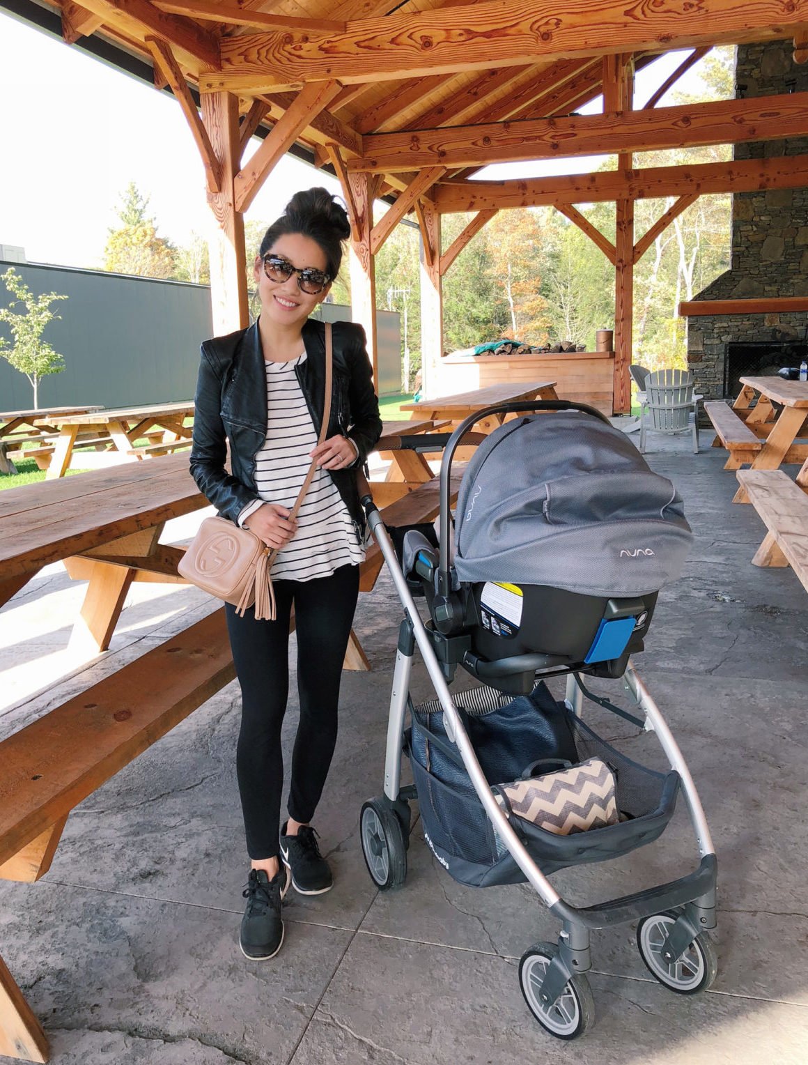 casual fall outfit zella leggings uppababy cruz stroller