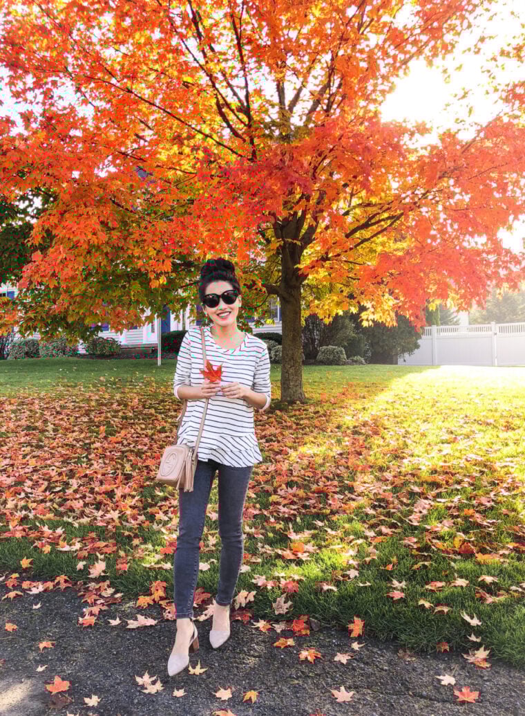 striped peplum top petite fall outfit