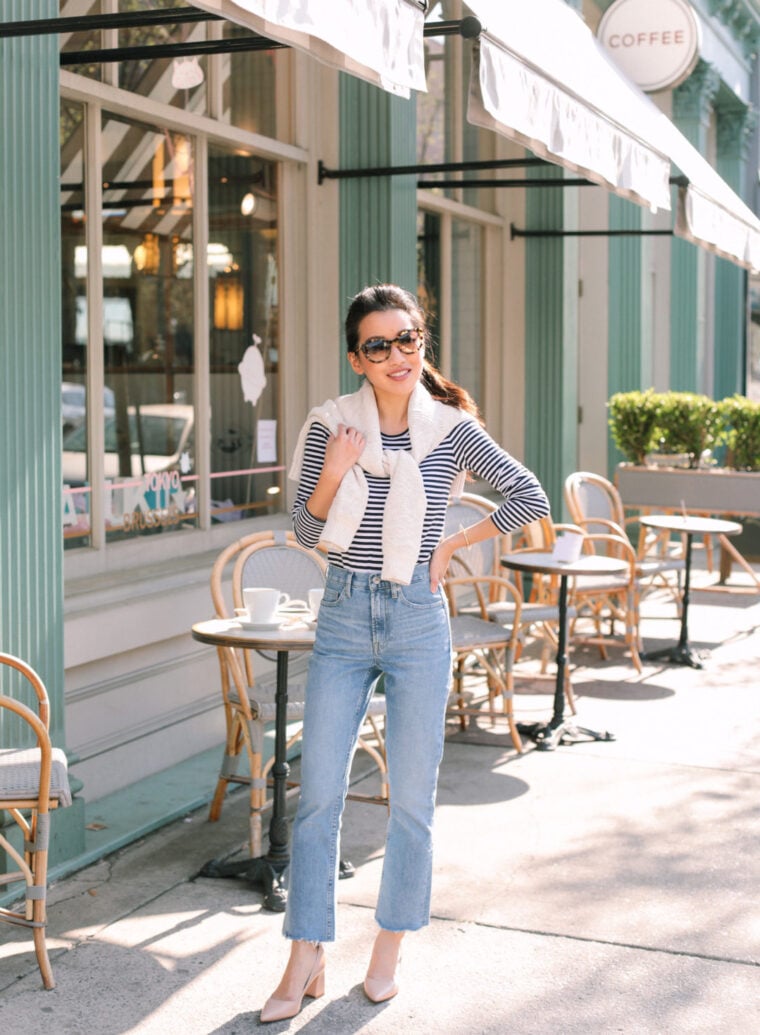 casual outfit ideas striped tee petite high waist jeans