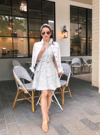 casual summer outfit white dress denim jacket petite style