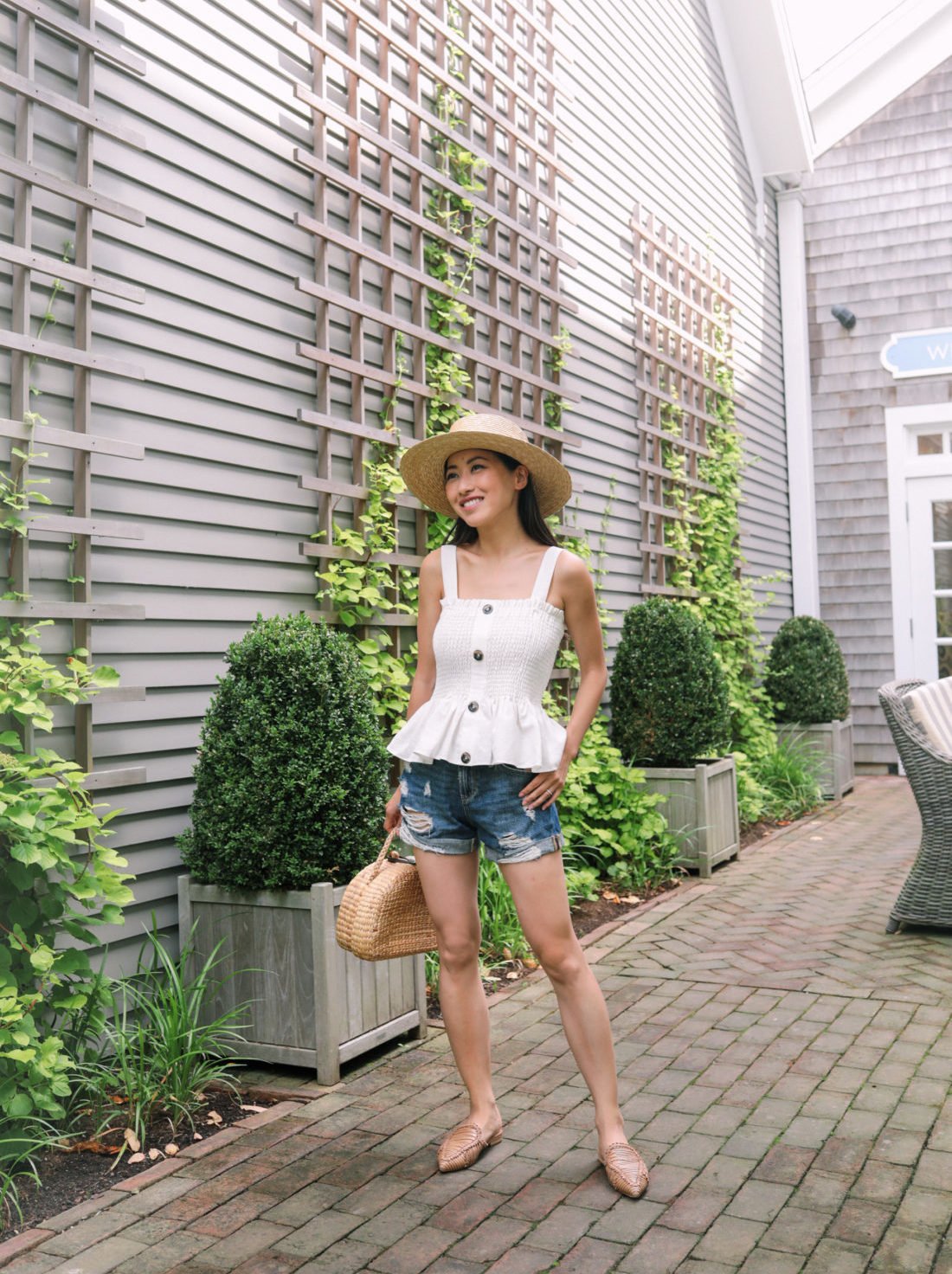 white peplum top denim shorts vacation outfit petites