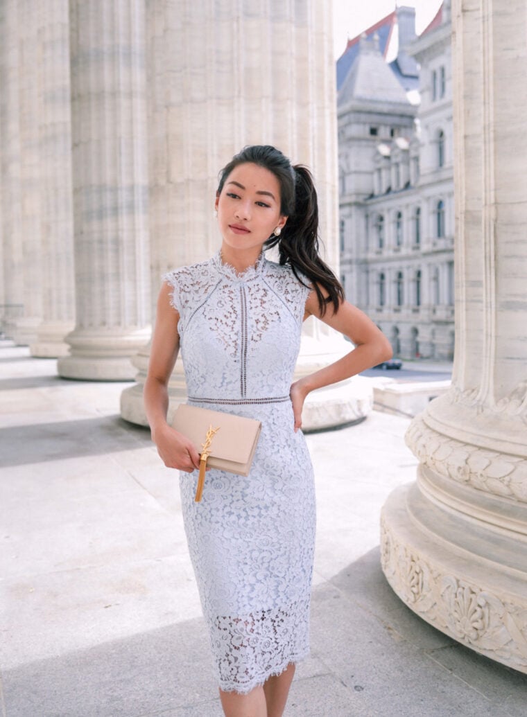 blue lace dress wedding guest outfit ysl clutch
