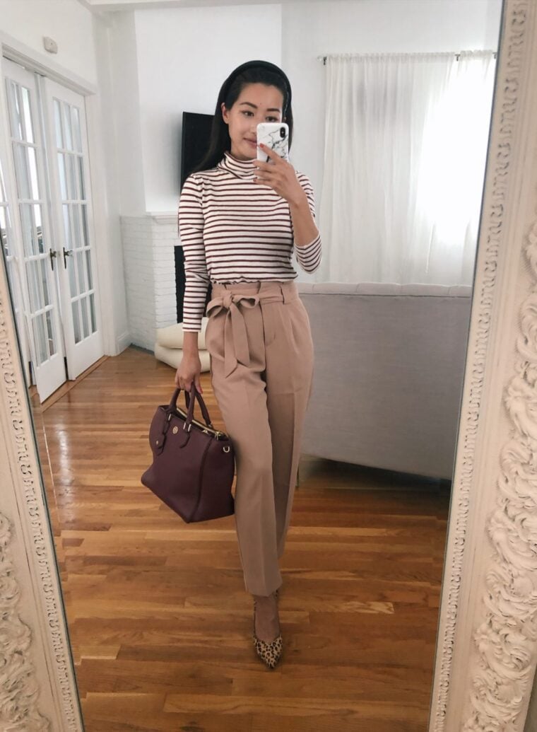 camel tie waist pants petite workwear outfit ideas