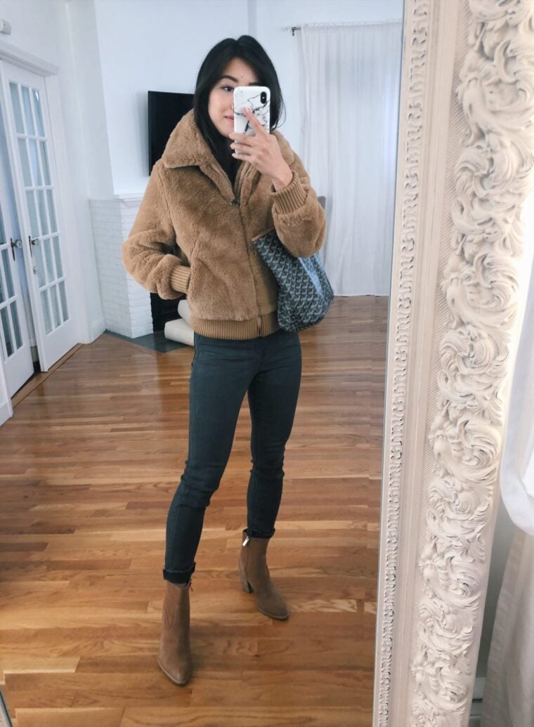 petite camel faux fur bomber jacket banana republic