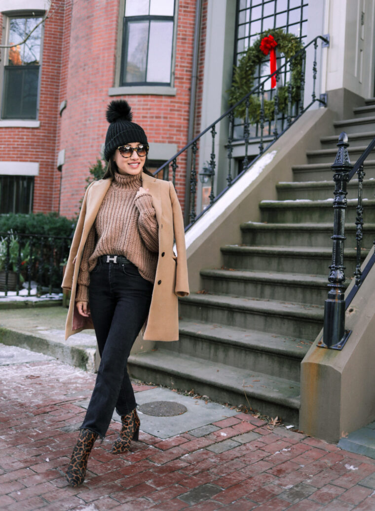 classic petite camel coat winter outfit