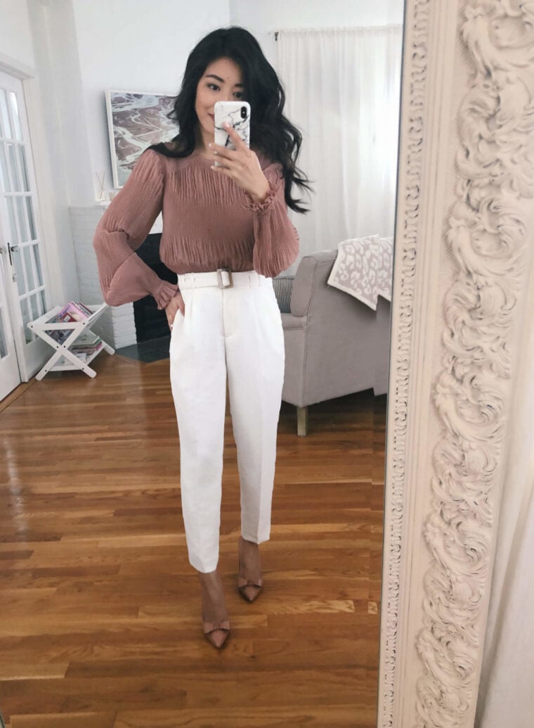 petite white trousers try on