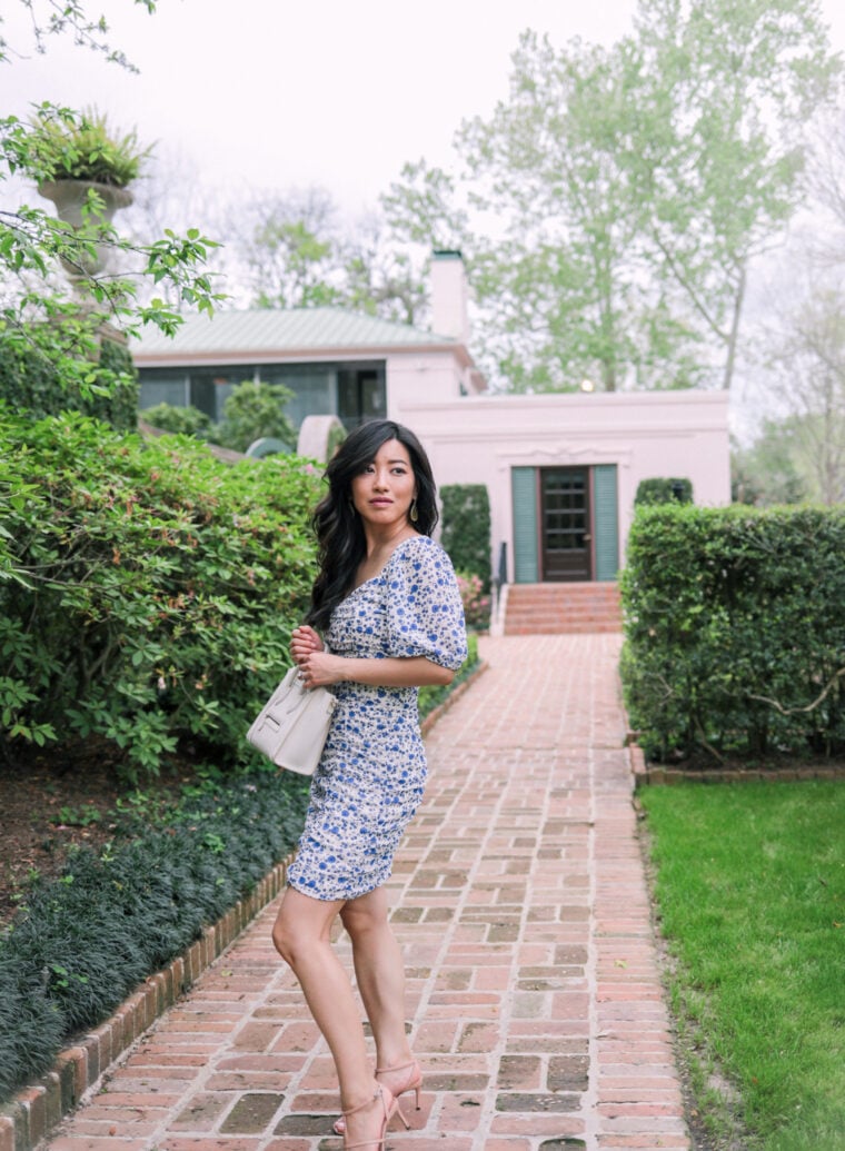 blue floral spring dress petite fashion blog