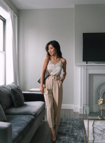 silk cami high waisted camel pants petite