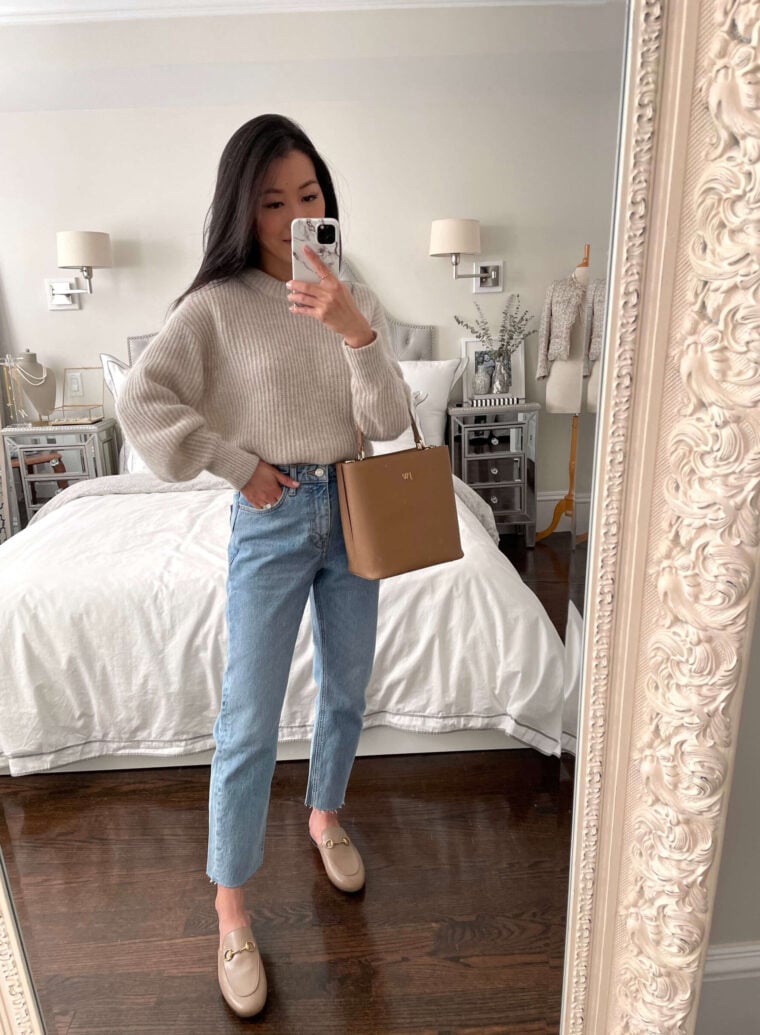 Gucci loafer mud everlane alpaca sweater petite spring outfit