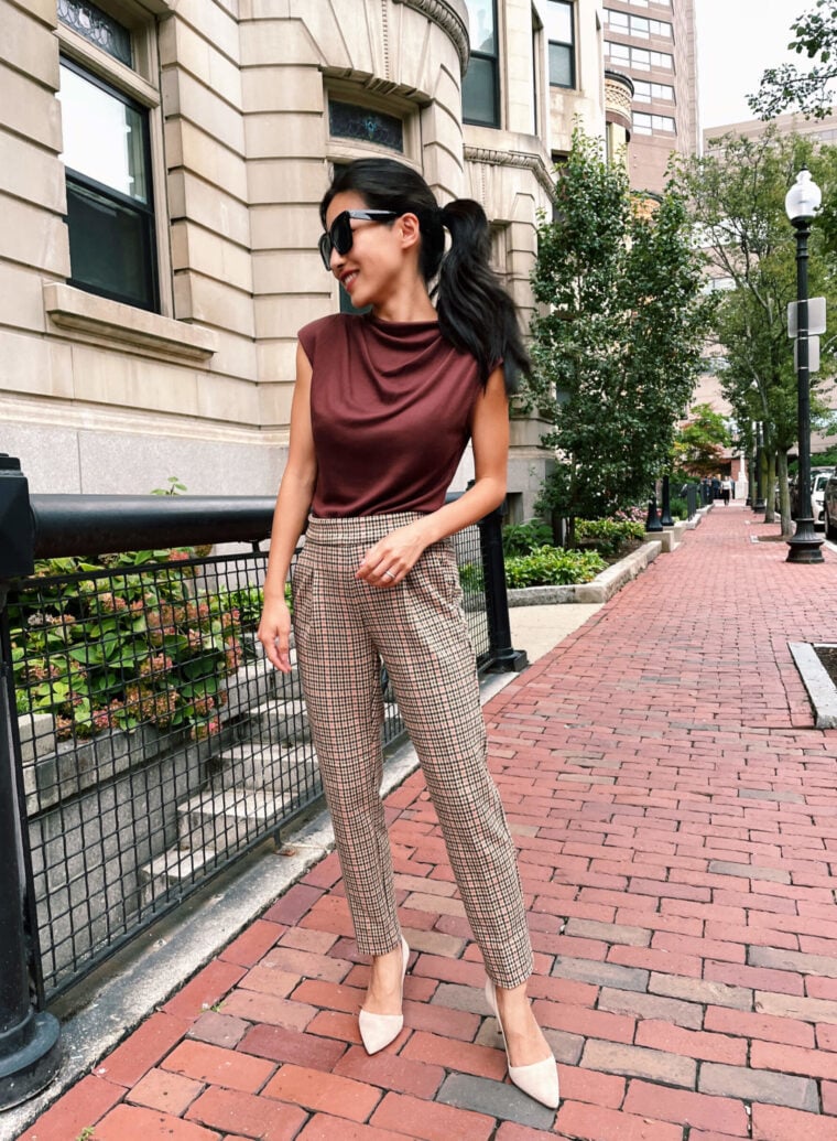 ann taylor fall work outfit petite plaid pants