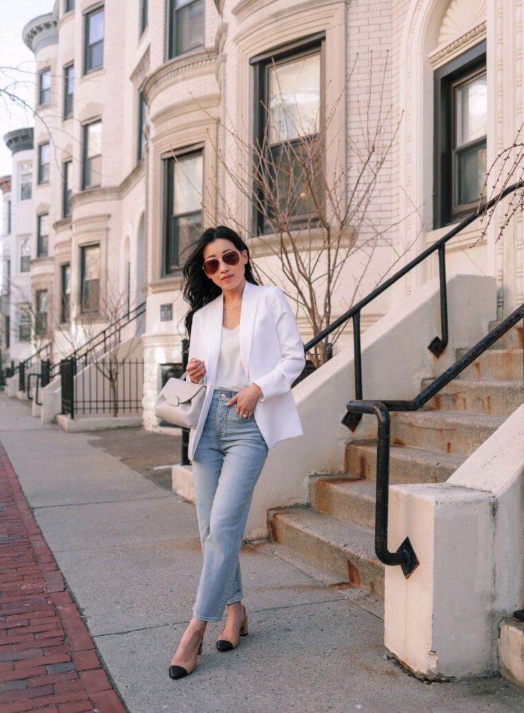 Express white boyfriend blazer outfit