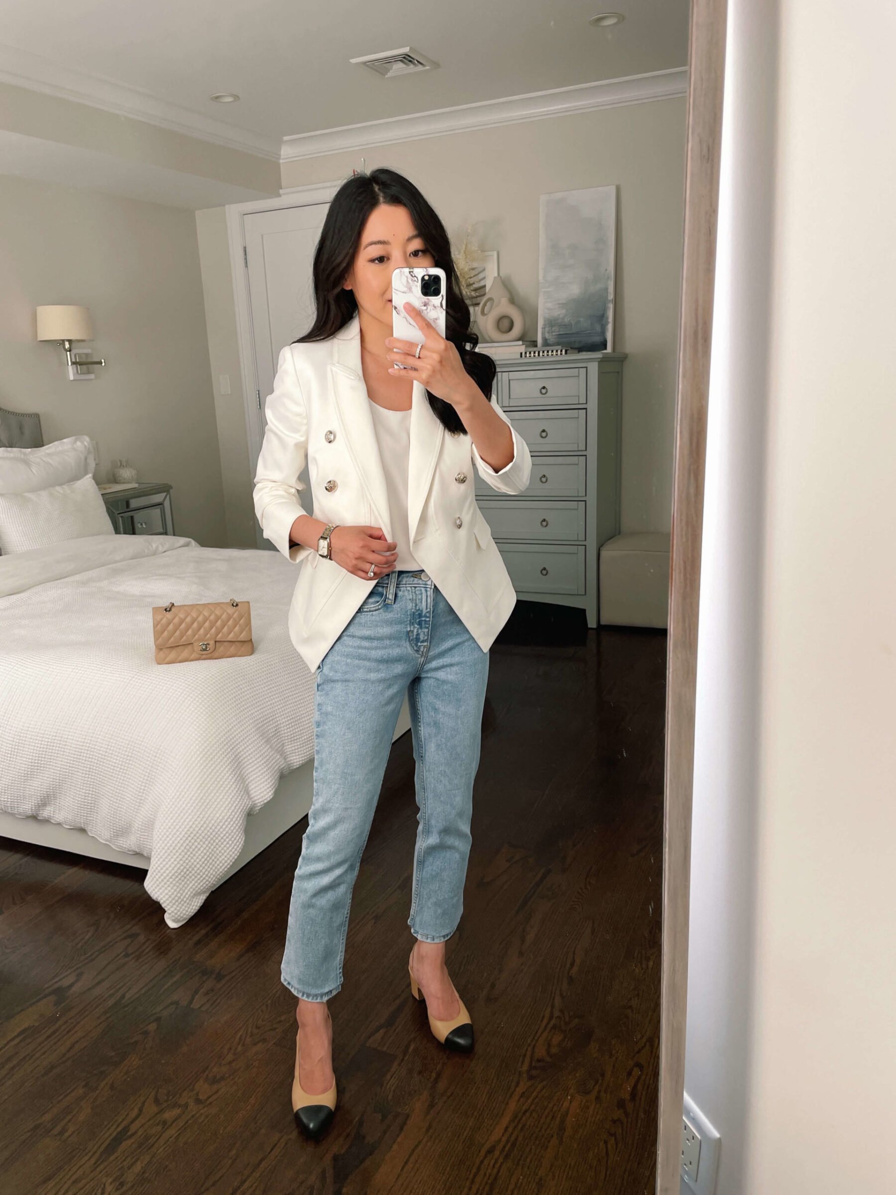 petite white blazer banana republic jeans