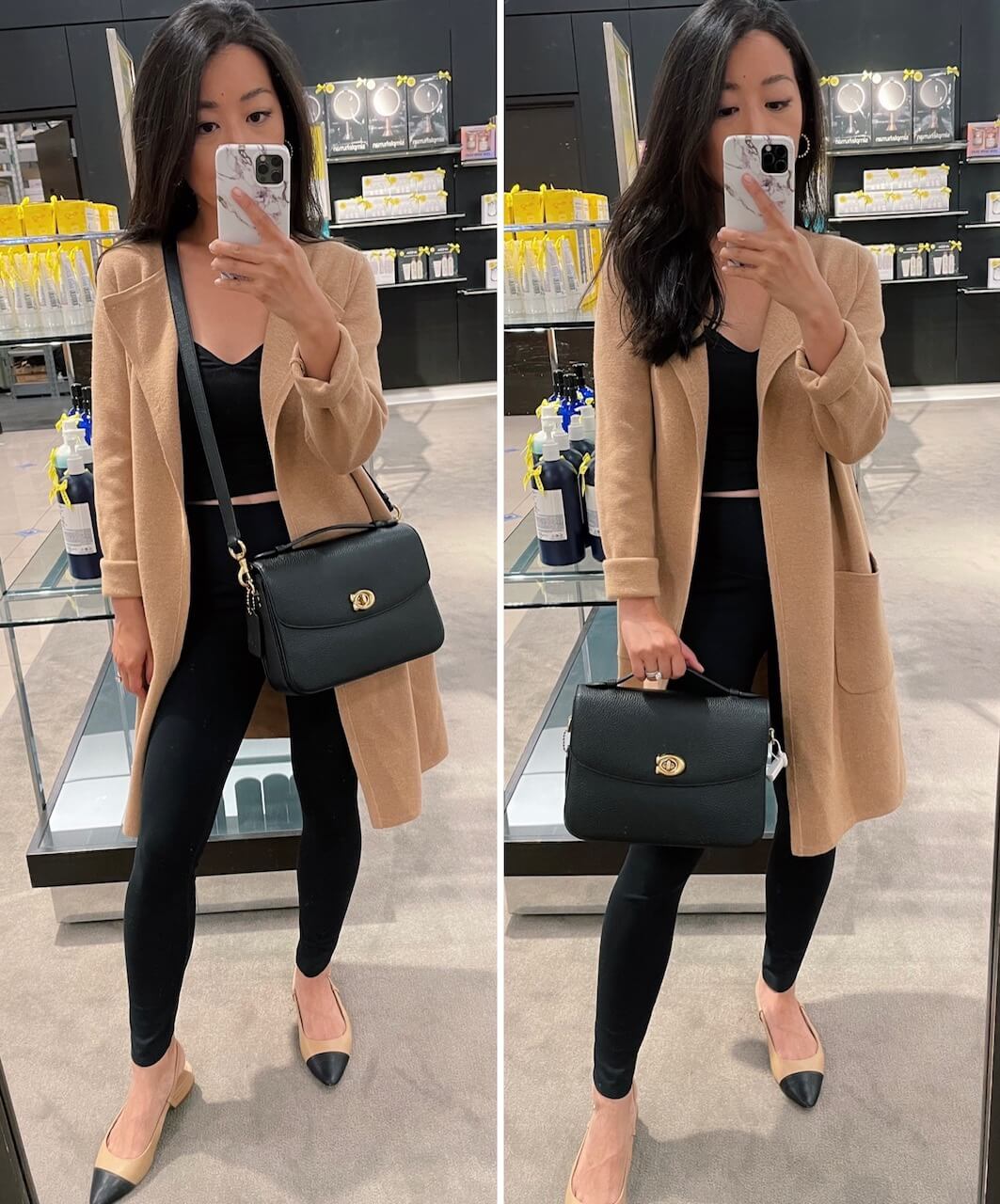 timeless black leather top handle Coach bag on sale