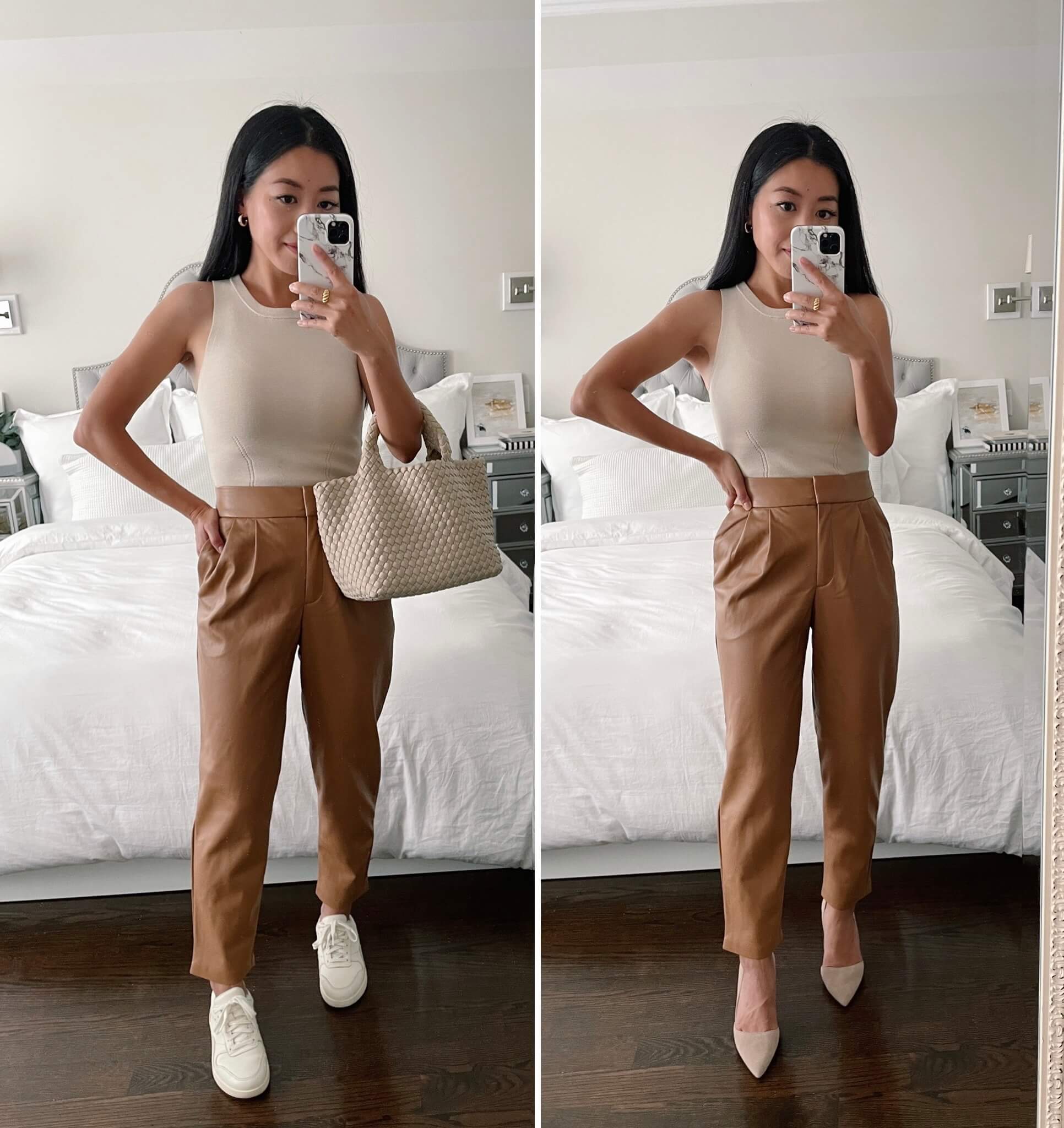 Petite Camel Boyfriend Blazer + Leather Pants