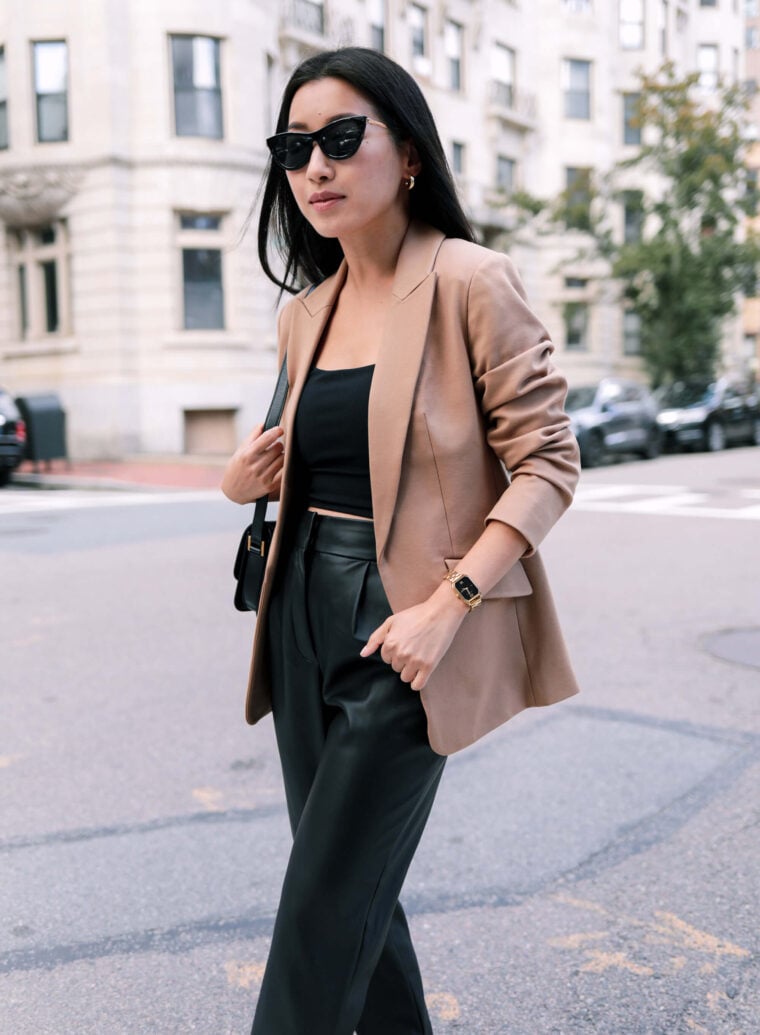 petite camel blazer black leather pants express