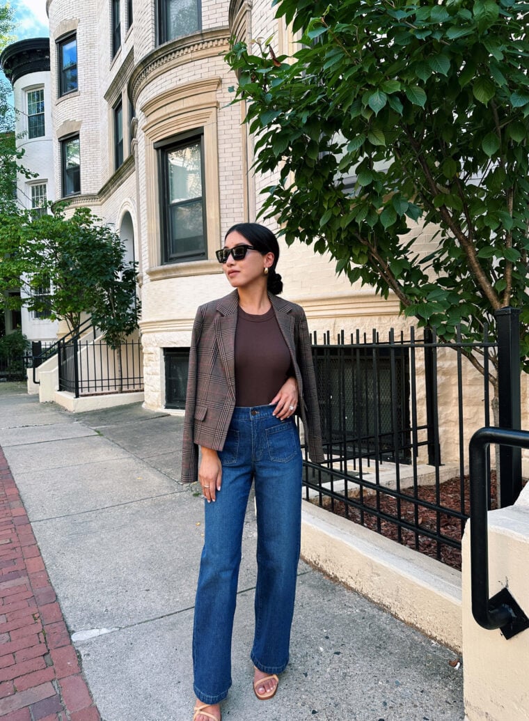 Madewell petite friendly wide leg jeans outfit