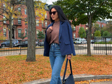 madewell perfect vintage jeans petite navy blazer fall