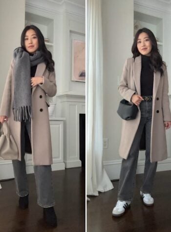 petite winter long coat layering outfit