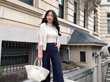 ann taylor sailor trousers gap sweater petite spring outfit demellier bag